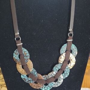 Boho Patina and Hammered Disc Necklace in Brown and Turquoise